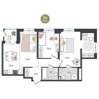 Планировка (3-комн. квартира) в ЖК Орсо дом на Куфонина, 1, Пермь #2679