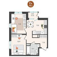 Планировка (2-комн. квартира) в ЖК Орсо дом на Куфонина, 1, Пермь #2670