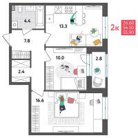 Планировка (2-комн. квартира) в ЖК Дом Дружба на Инженерной 36, Пермь #686