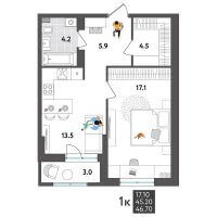Планировка (1-комн. квартира) в ЖК Дом Дружба на Инженерной 36, Пермь #684