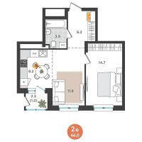 Планировка (2-комн. квартира) в ЖК Орсо дом на Куфонина, 1, Пермь #2673