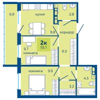 Планировка (2-комн. квартира) в ЖК Патриот, Пермь #2881