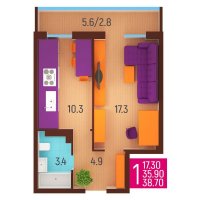 Планировка (1-комн. квартира) в ЖД Молодежный, Пермь #116